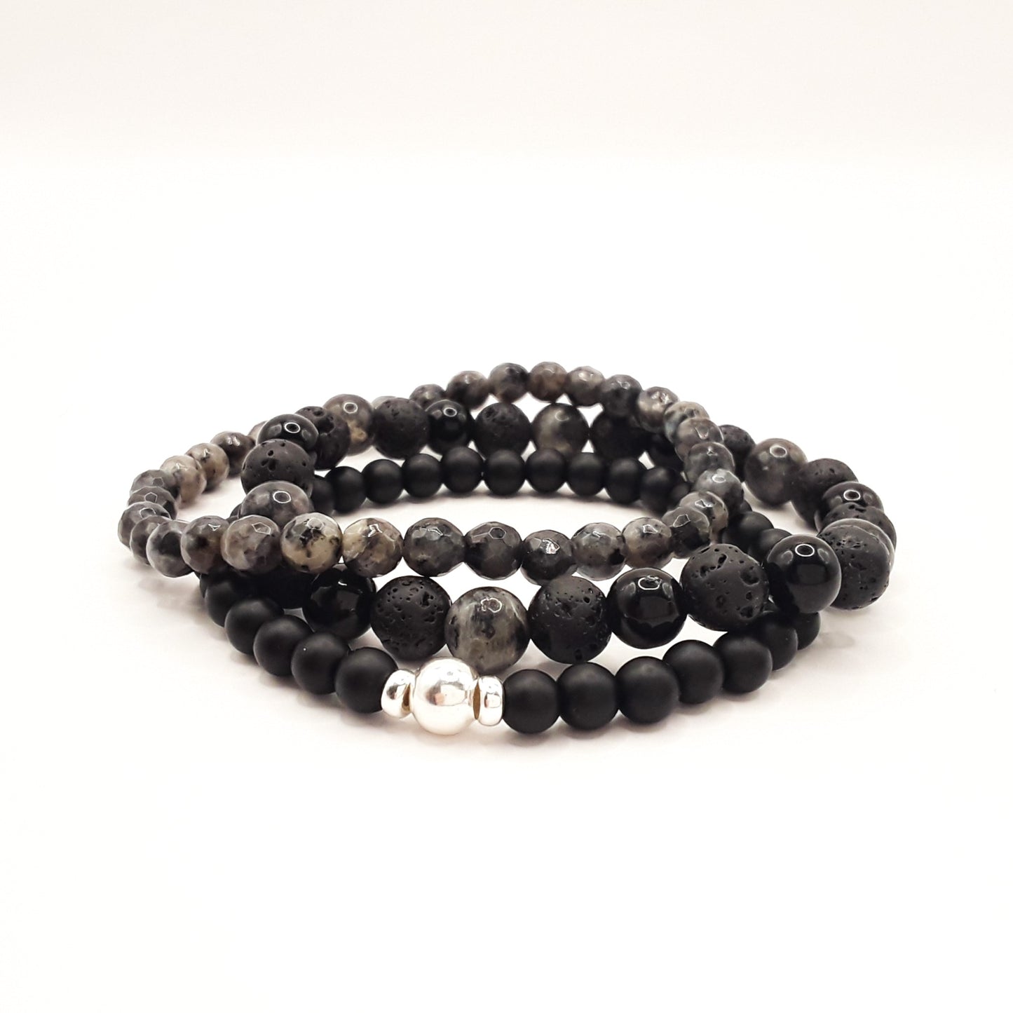 Armband Set grau Labradorit Onyx Lavastein silber gestapelt Produktfoto