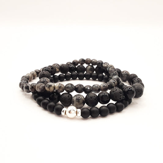 Armband Set grau Labradorit Onyx Lavastein silber gestapelt Produktfoto