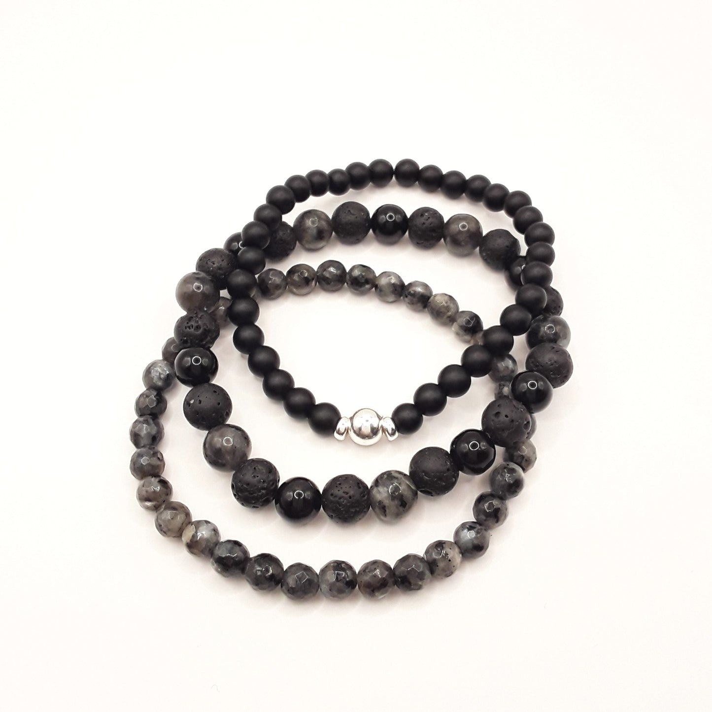 Armband Set grau Labradorit Onyx Lavastein silber untereinander Produktfoto