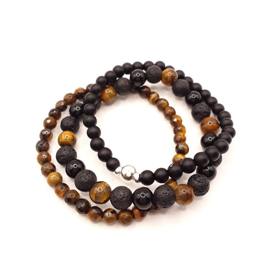 Armband Set braun Tigerauge Onyx Lavastein nebeneinander Produktabbildung