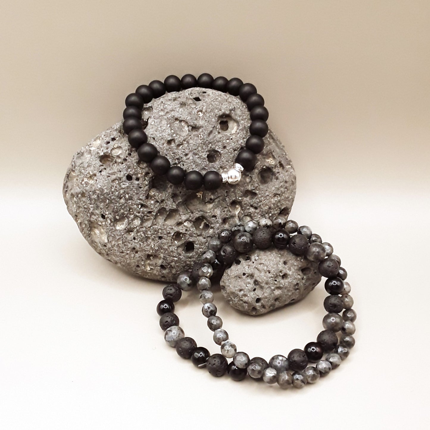 Armband Set grau Labradorit Onyx mit Deko Produktfoto