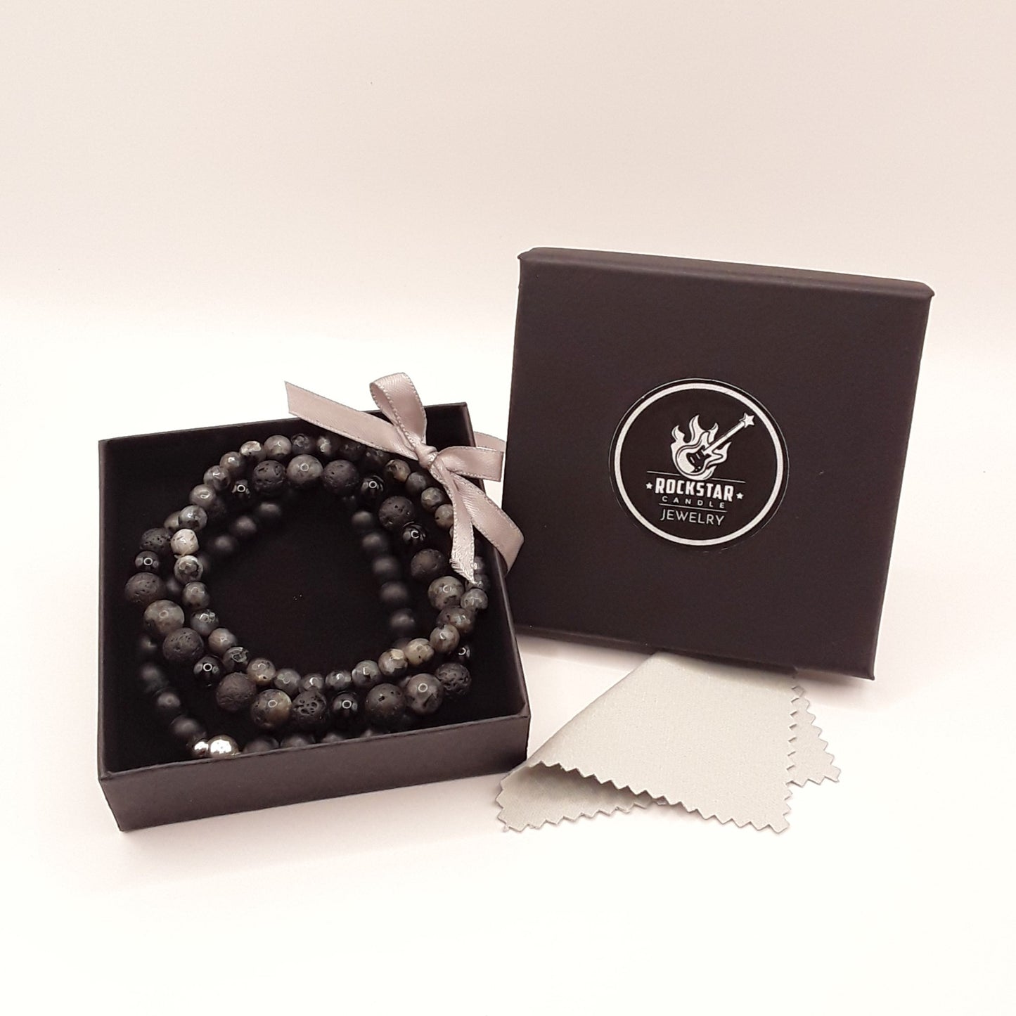 Armband Set grau Labradorit mit Verpackung Produktfoto