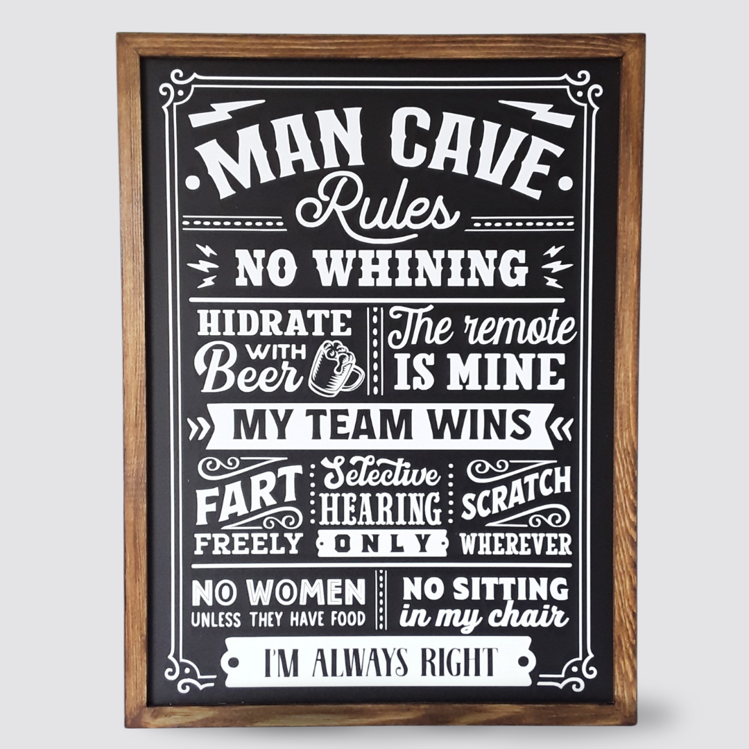 Man Cave Männerhöhle Regeln Dekotafel schwarz weiß Geschenk für den Mann Produktfoto