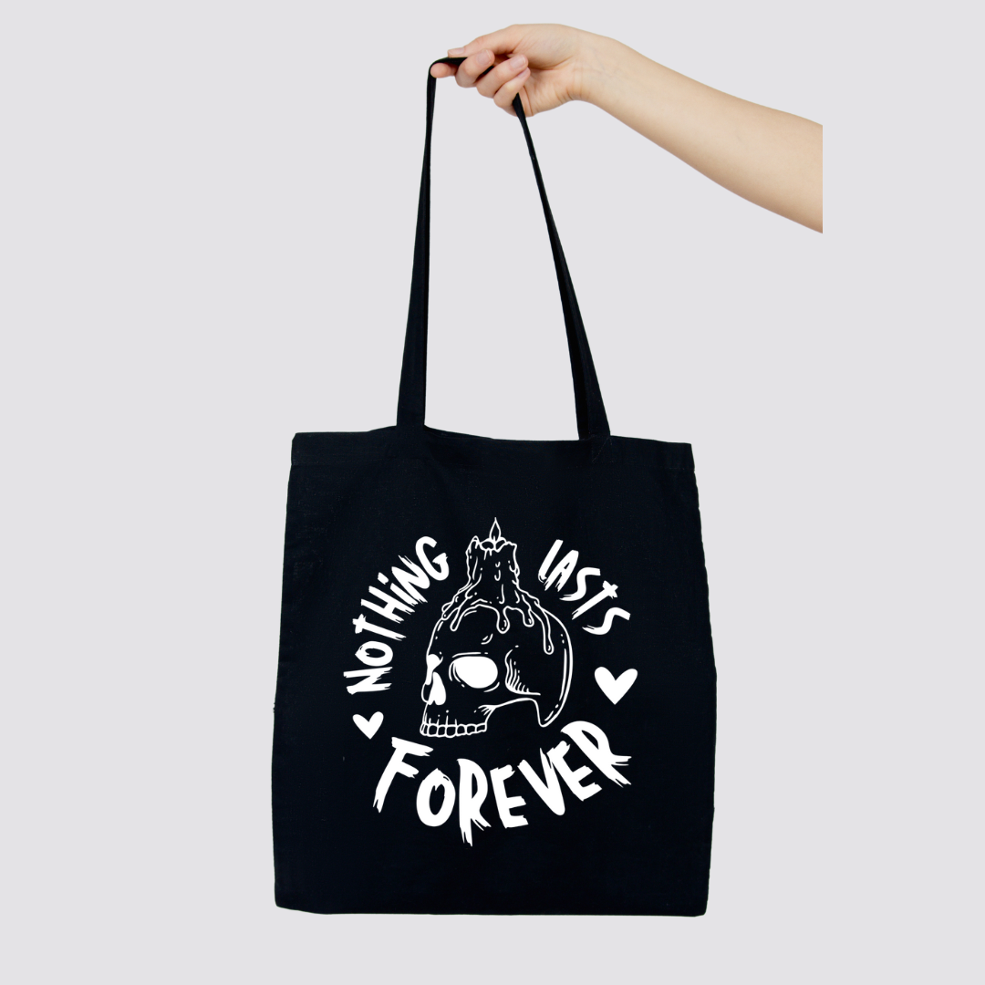 Schwarze Baumwoll Einkaufstasche mit langen Henkeln und weißem Aufdruck Nothing lasts forever