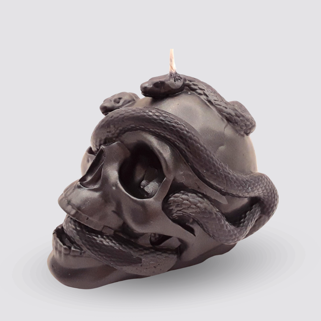 Schädel Kerze mit Schlange schwarz von links