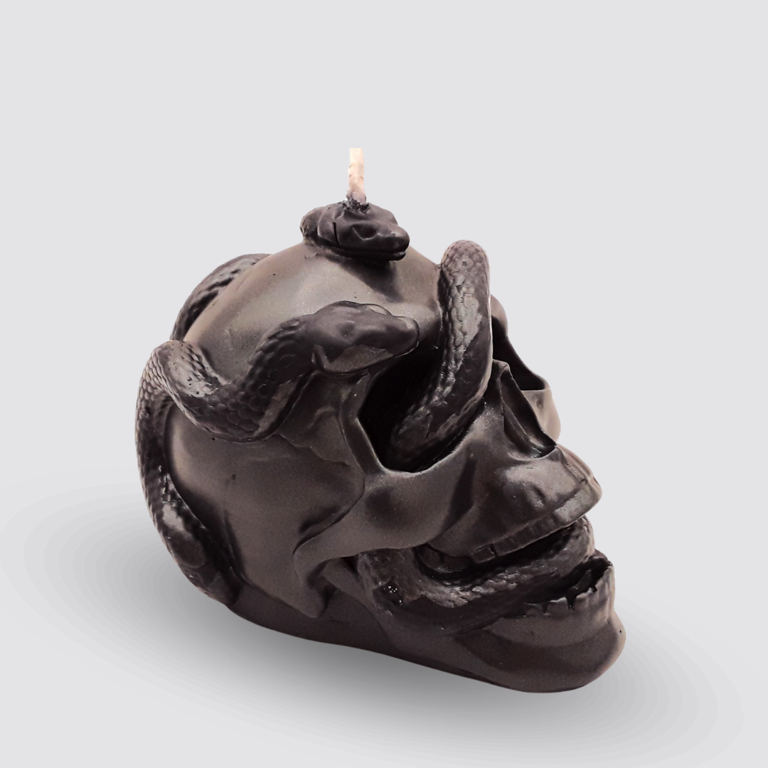 Schädel Kerze mit Schlange schwarz von rechts