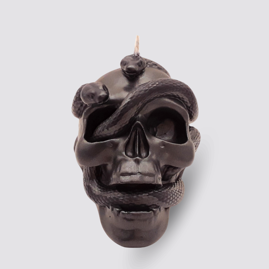 Schädel Kerze mit Schlange schwarz von vorne