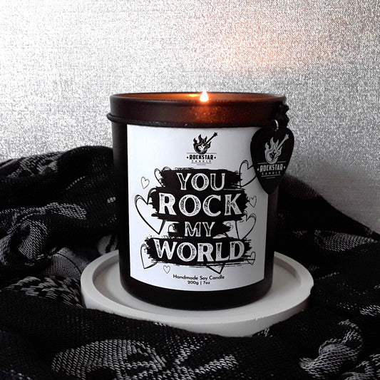Kerze You rock my world mit Deko Produktfoto
