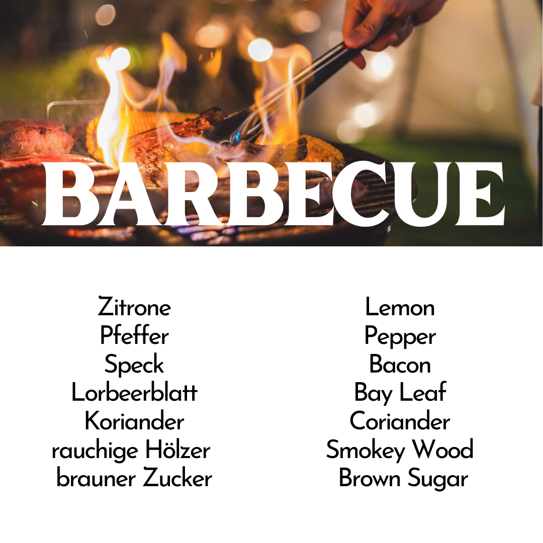 Duftbeschreibung Barbecue: Zitrone Pfeffer Speck Lorbeerblatt Koriander rauchige Hölzer brauner Zucker