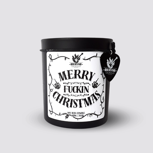 Schwarzes Kerzenglas Merry fuckin Christmas mit weißem Etikett