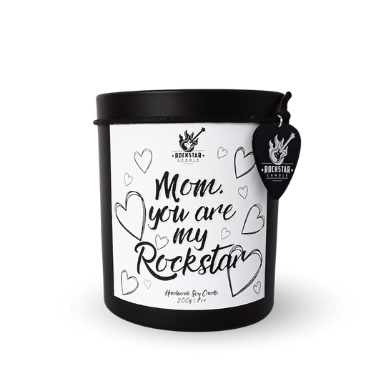 Schwarzes Kerzenglas mit Aufschrift Mom, you are my rockstar