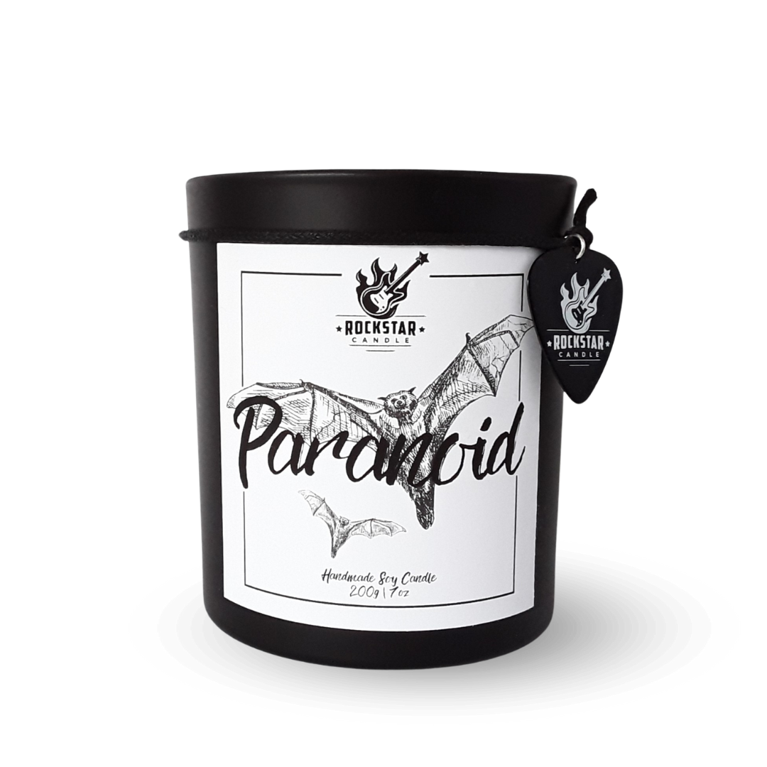 Schwarzes Kerzenglas mit Aufschrift Paranoid