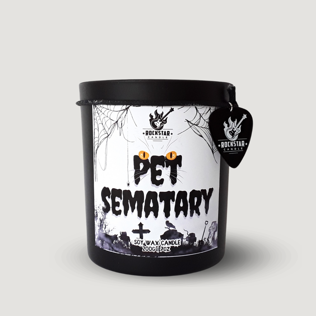 Schwarzes Kerzenglas mit Aufschrift Pet Sematary