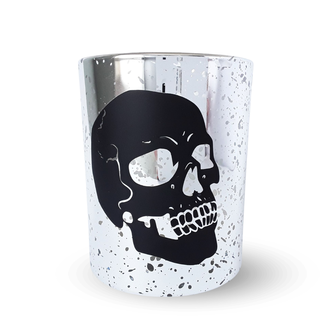 Kerze silber Schädel Produktfoto