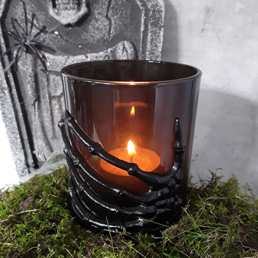 Skelett Teelichthalter Set mit brennender Kerze