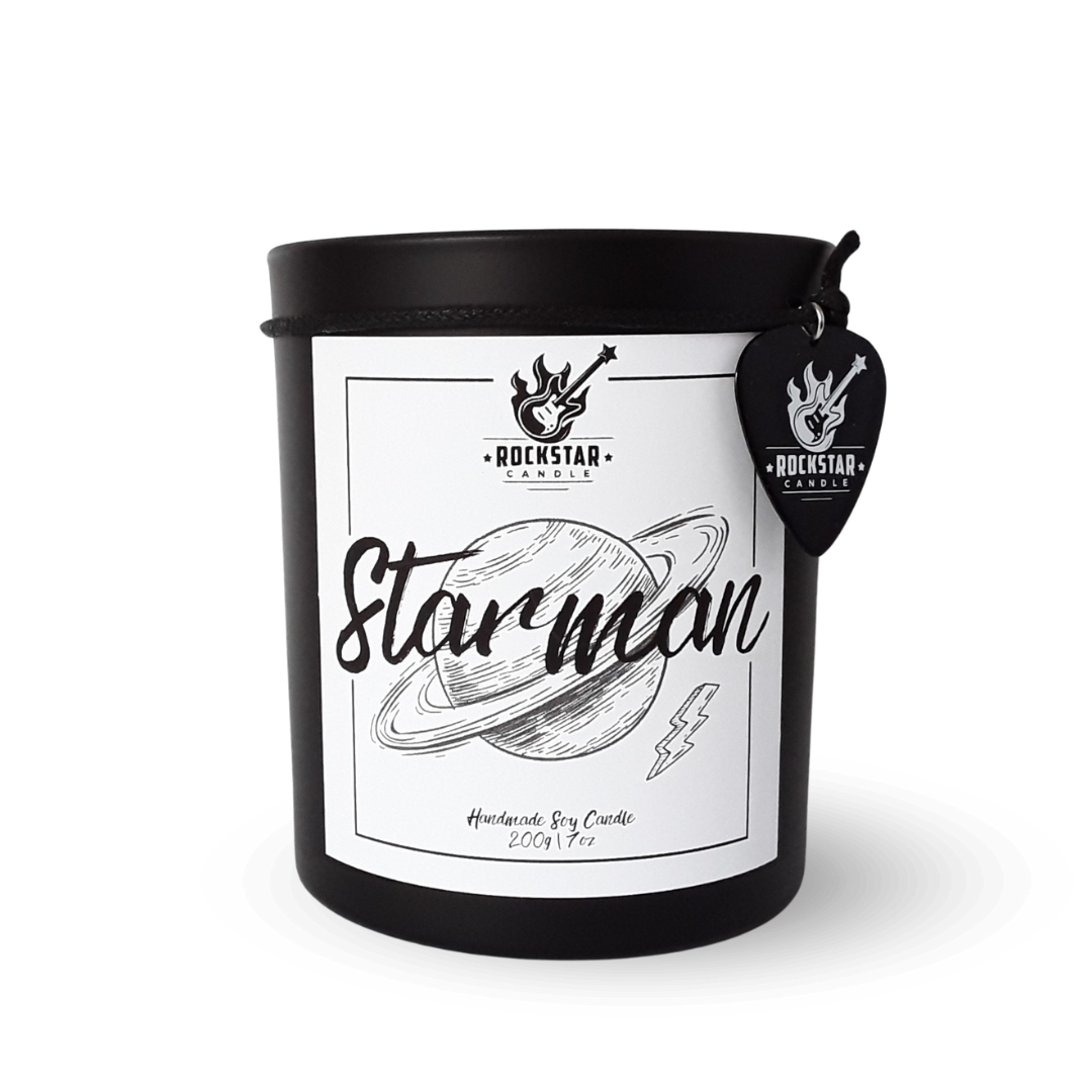 Schwarzes Kerzenglas mit Aufschrift Starman
