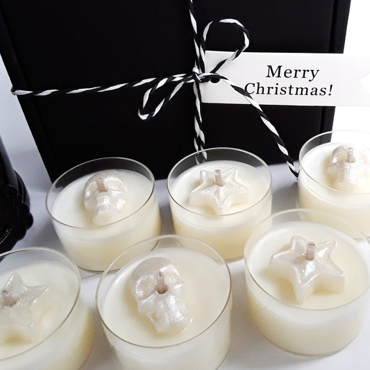 Candle holder glass BLACK DOTS & 6 scented Christmas tealight candles