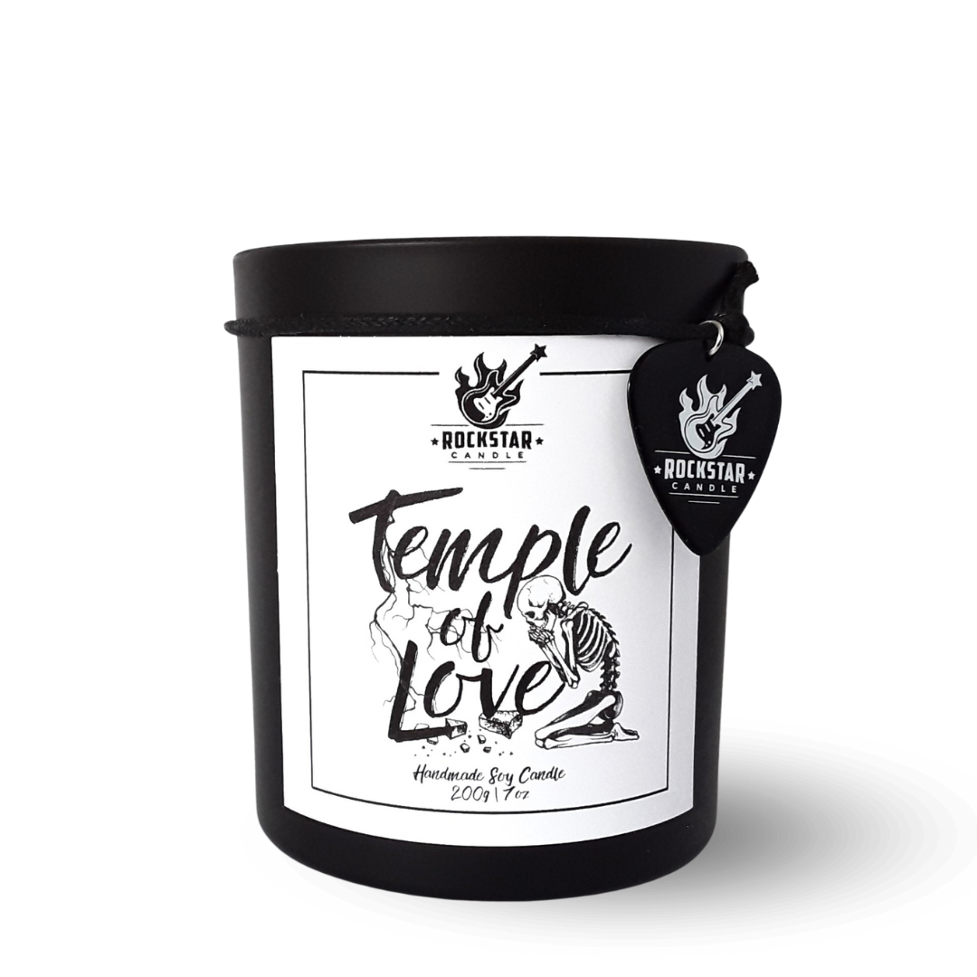 Kerze Temple of Love im schwarzen Glas mit weißem Etikett
