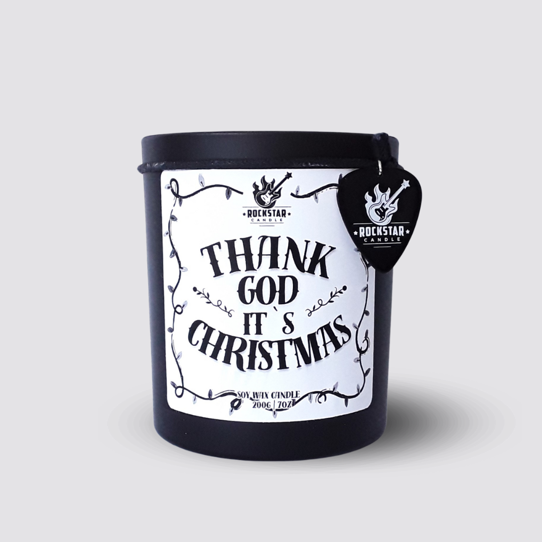 Kerze Thank God it`s Christmas schwarzes Glas mit weißem Etikett