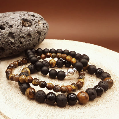 ROCKSTAR BRACELET Set Natural Stone Tiger`s Eye| Onyx|925 Sterling Silver