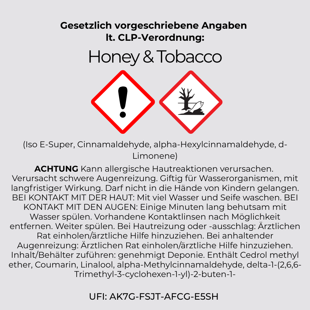 CLP Verordnung Honey & Tobacco Man Cave Raumduft Diffuser Honig & Tabak