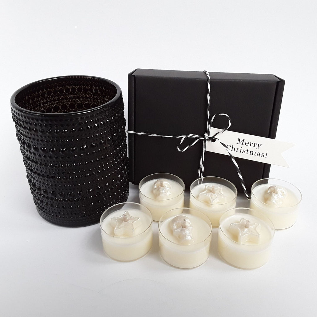 Geschenkidee Windlicht BLACK DOTS & 6 Sojawachs Teelichter Duftkerzen – Rockstar Candle