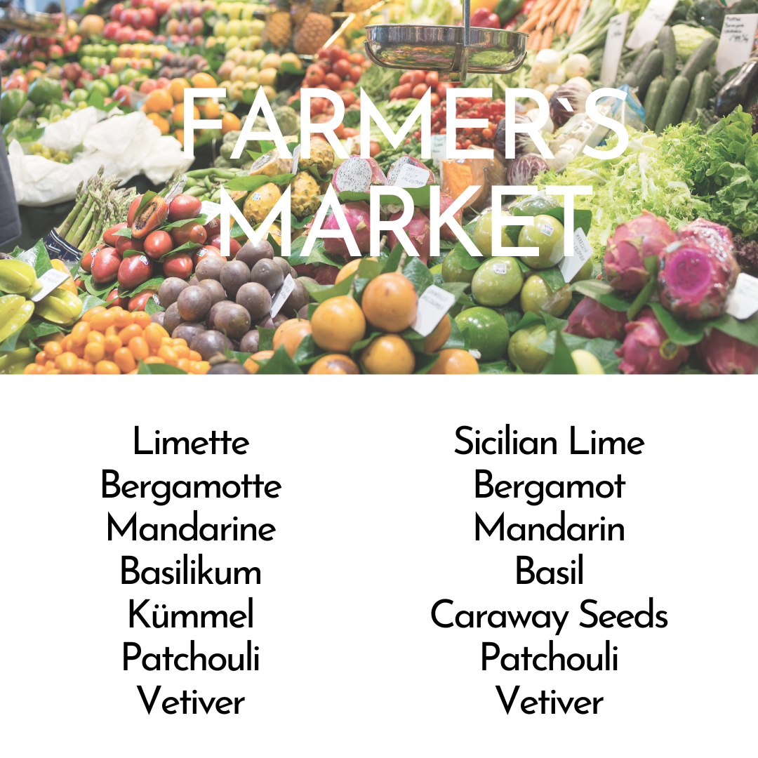 Duftbeschreibung Farmers Market: Limette, Bergamotte, Mandarine, Basilikum, Kümmel, Patschuli, Vetiver