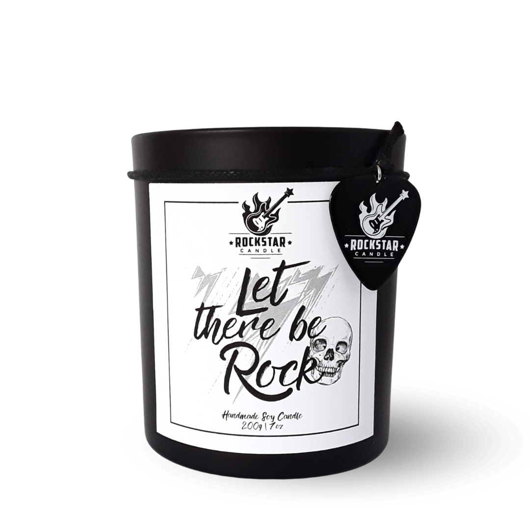 Schwarzes Kerzenglas mit Aufschrift Let there be rock 