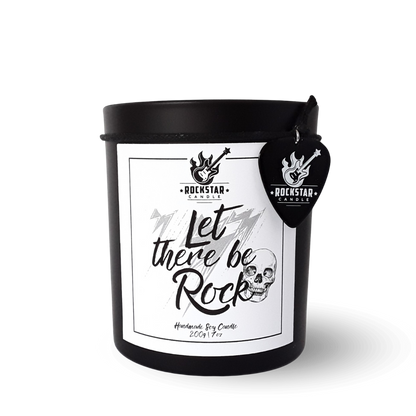 Schwarzes Kerzenglas mit Aufschrift Let there be rock 