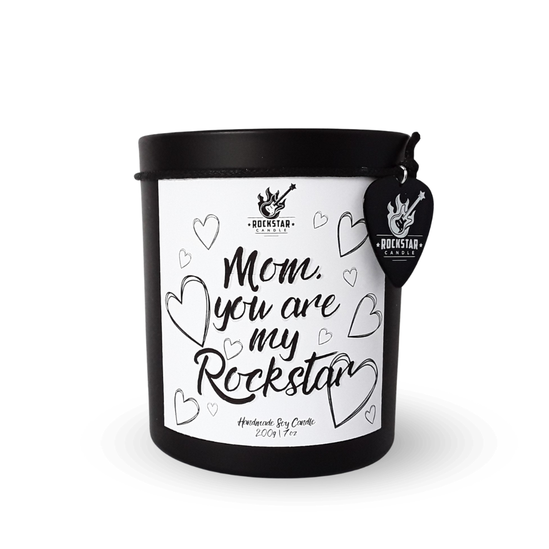 Schwarzes Kerzenglas mit Aufschrift Mom, you are my rockstar 