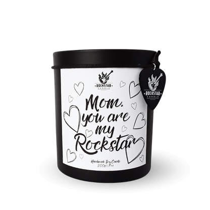 Schwarzes Kerzenglas mit Aufschrift Mom, you are my rockstar 