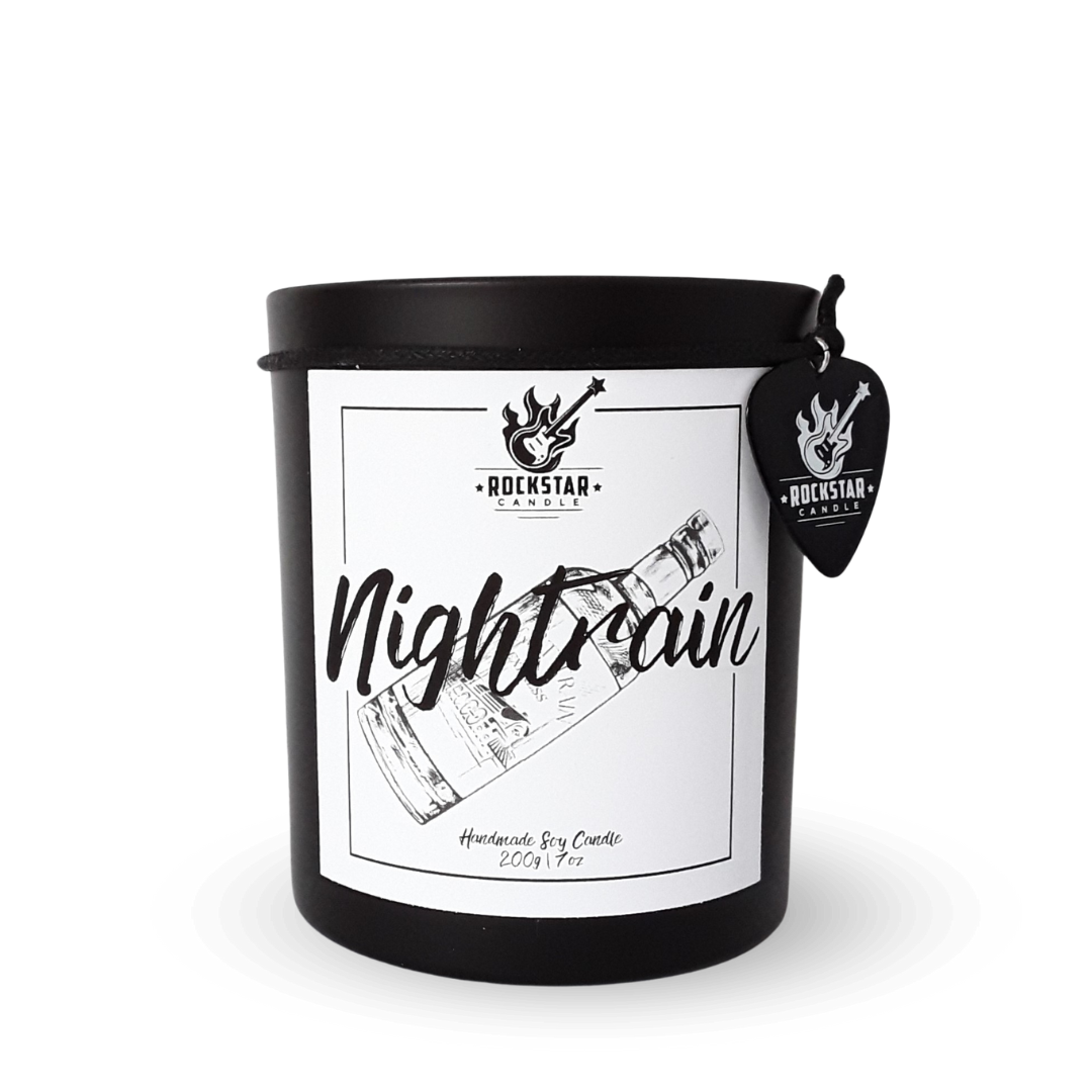 Schwarzes Kerzenglas mit Aufschrift Nightrain