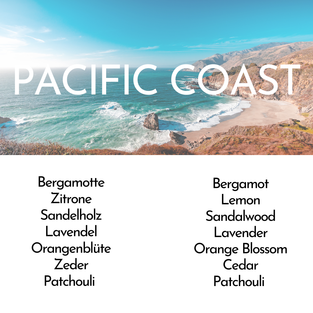 Duftbeschreibung Pacific Coast: Bergamotte, Zitrone, Sandelholz, Lavendel, Orangenblüte, Zeder, Patschuli