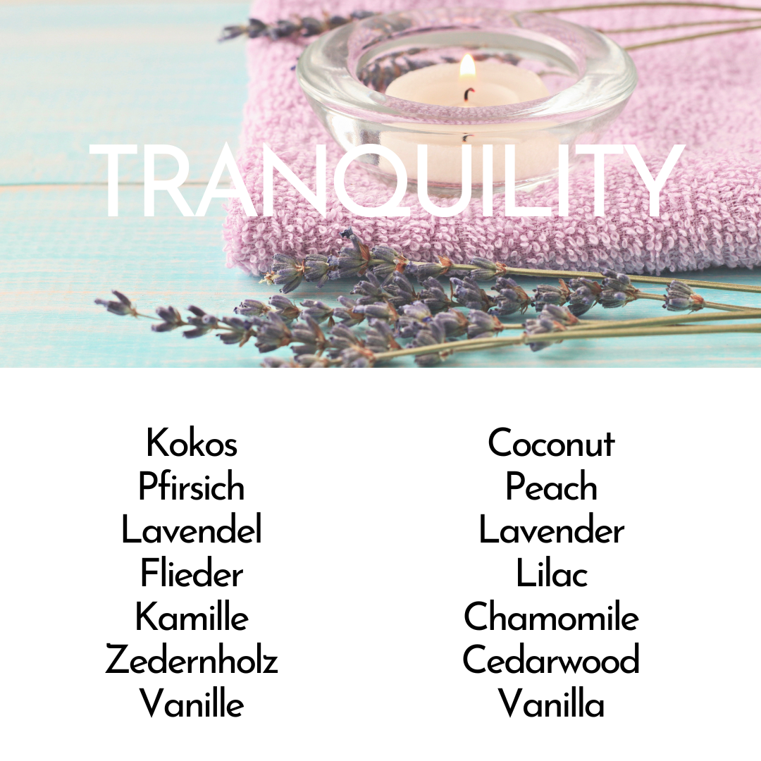 Duftbeschreibung Tranquility: Kokos, Pfirsich, Lavendel, Flieder, Kamille, Zedernholz, Vanille. Unser Bestseller, riecht ein wenig wie Nivea.