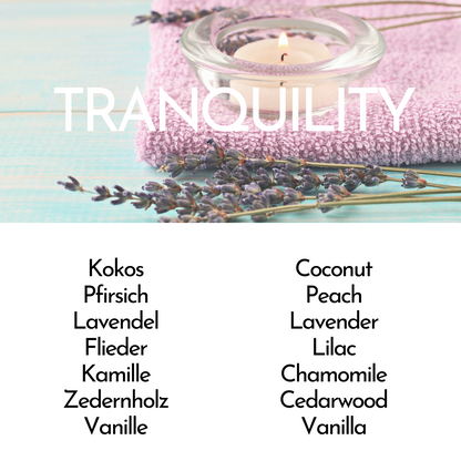 Duftbeschreibung Tranquility: Kokos, Pfirsich, Lavendel, Flieder, Kamille, Zedernholz, Vanille. Unser Bestseller, riecht ein wenig wie Nivea.